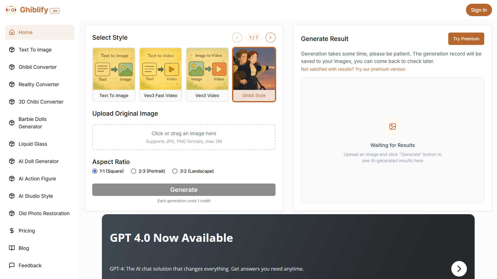 Ghiblify application interface and features
