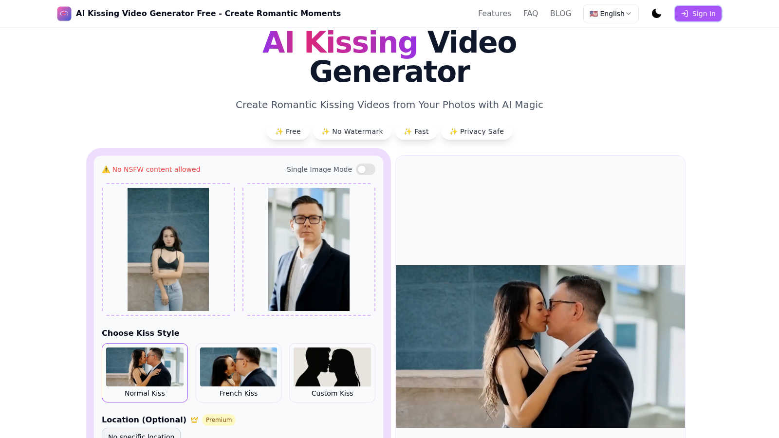AI Kissing Video Generator application interface and features