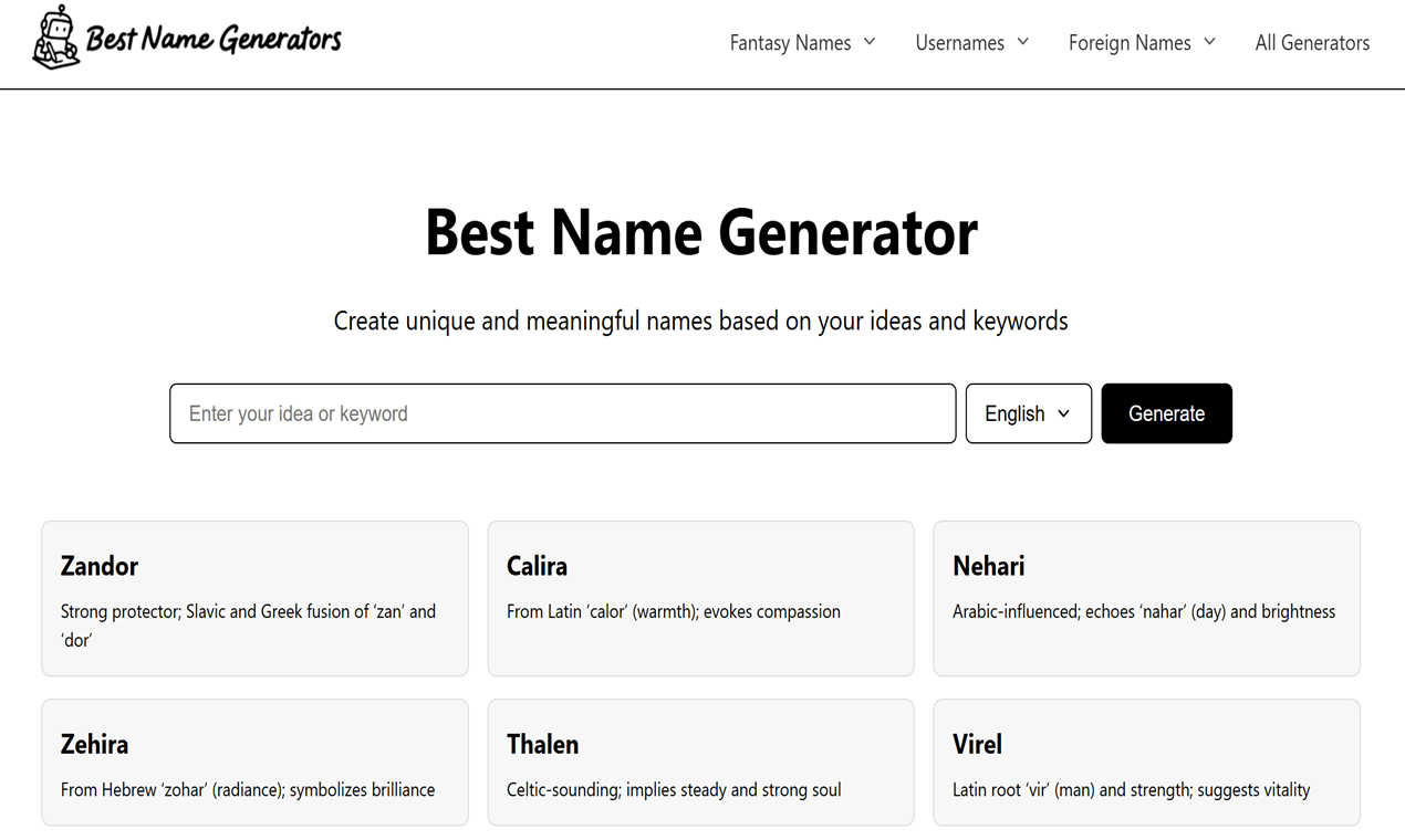 Best Name Generator application interface and features