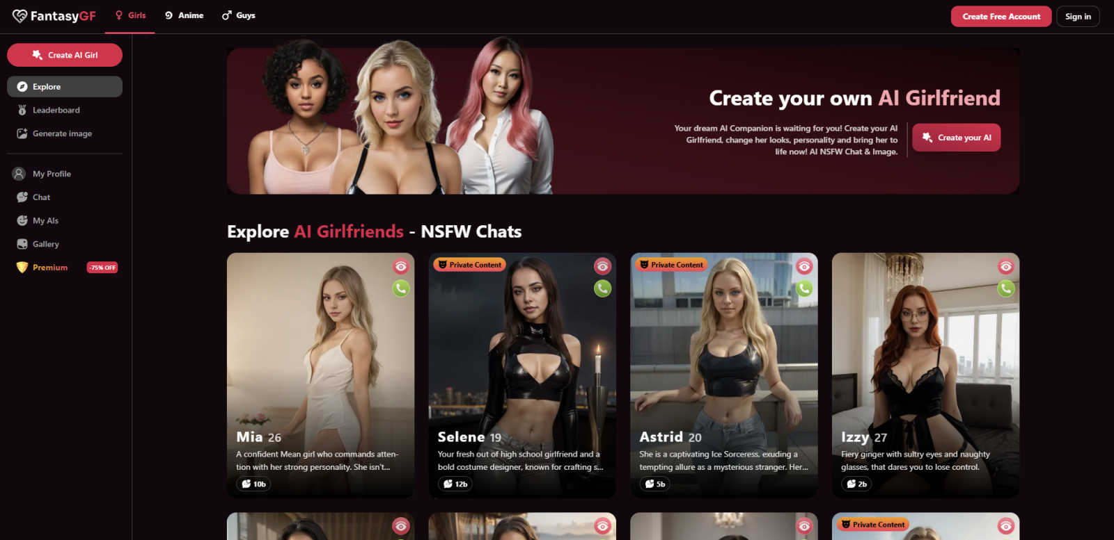FantasyGF application interface and features