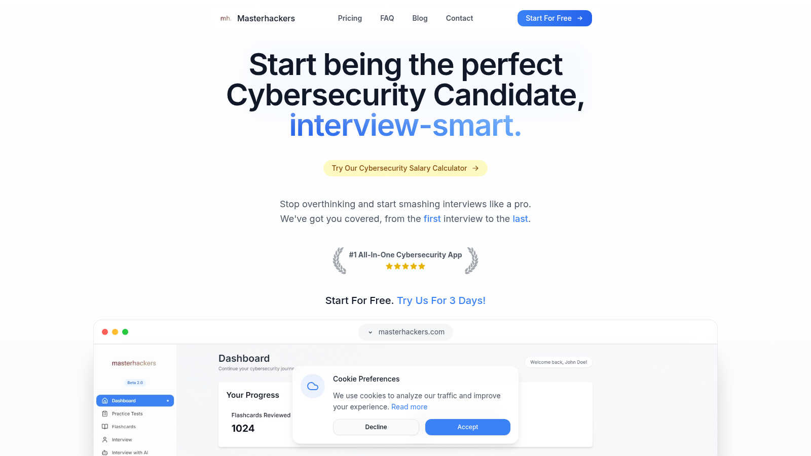 Masterhackers application interface and features