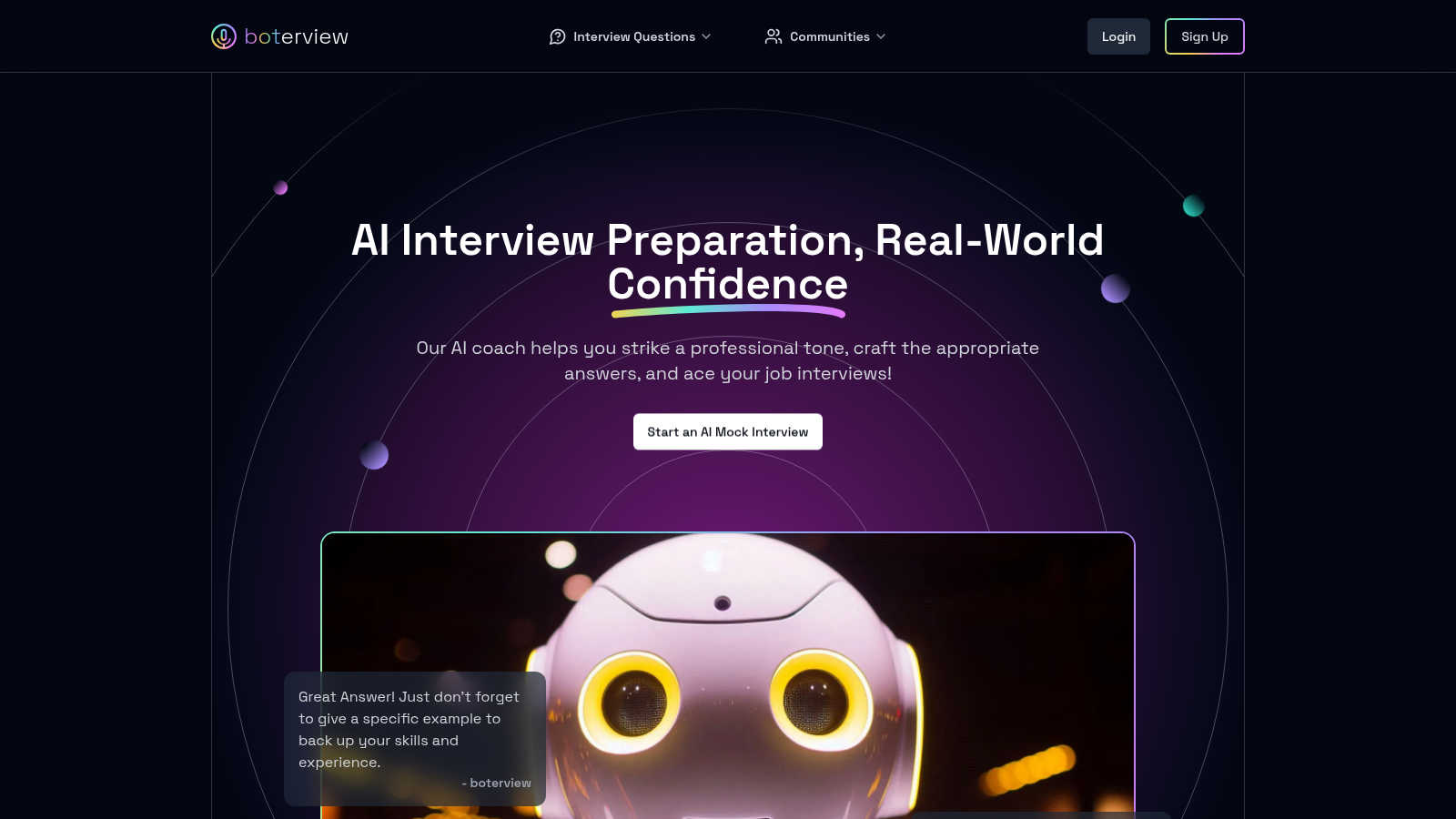 boterview application interface and features