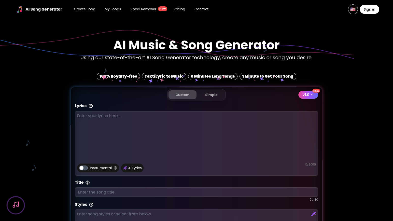 AI Song Generator application interface and features