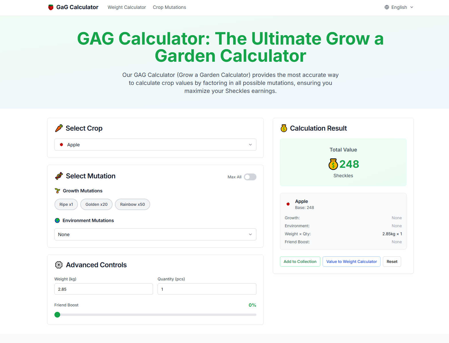 GAG calculator application interface and features