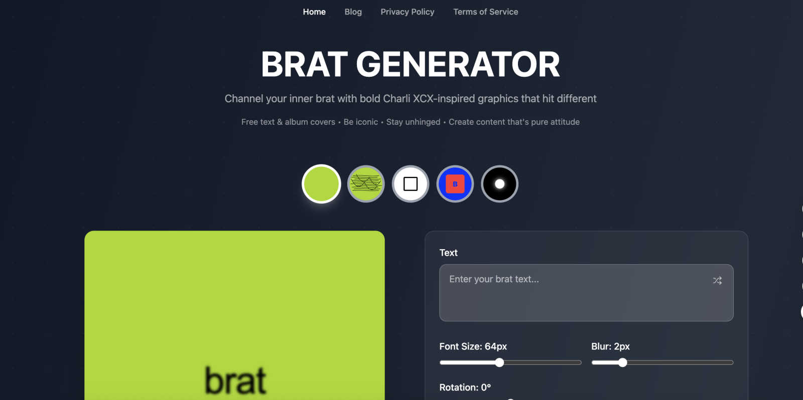 Brat Generator application interface and features
