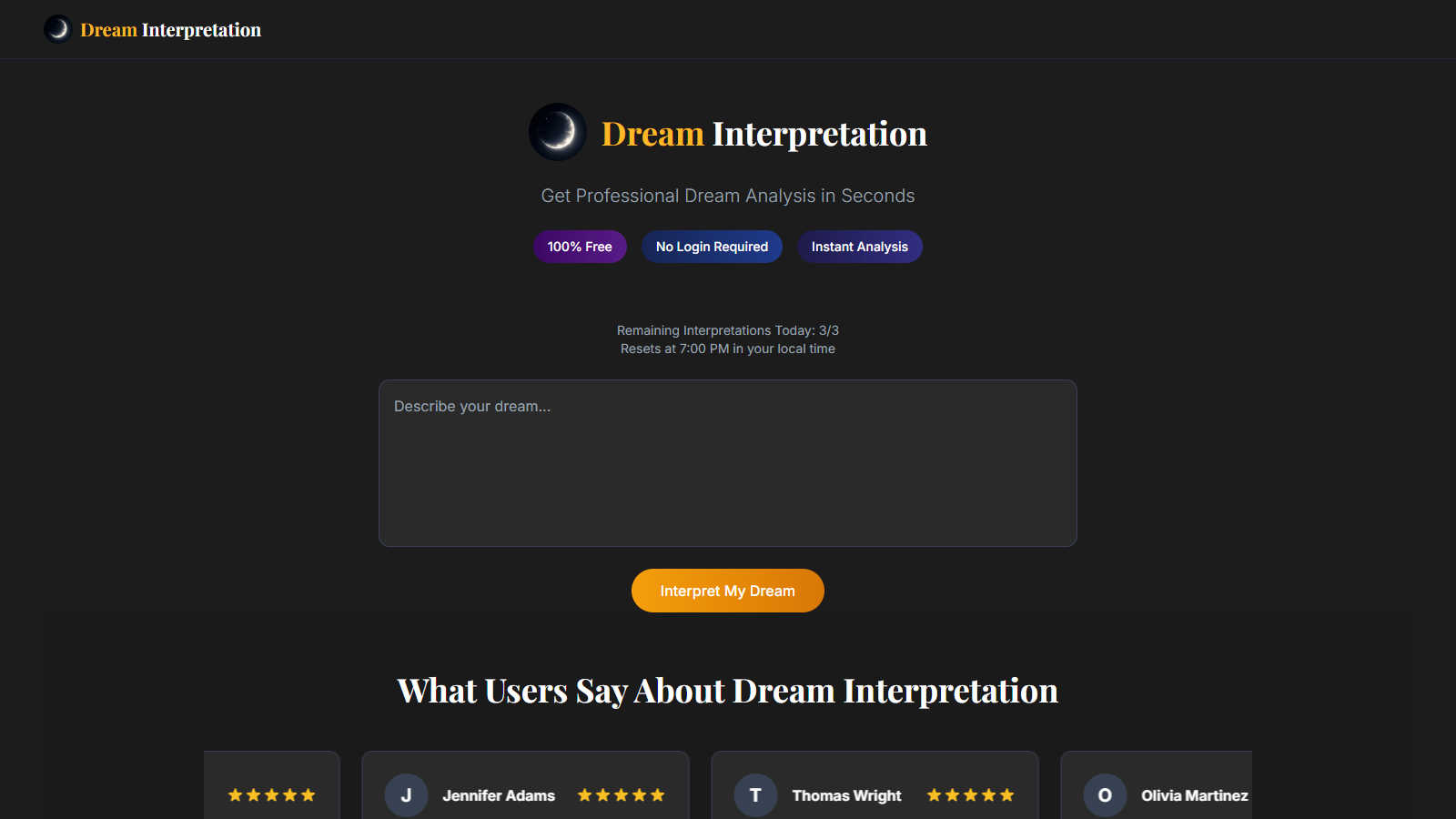 Dream Interpretation application interface and features