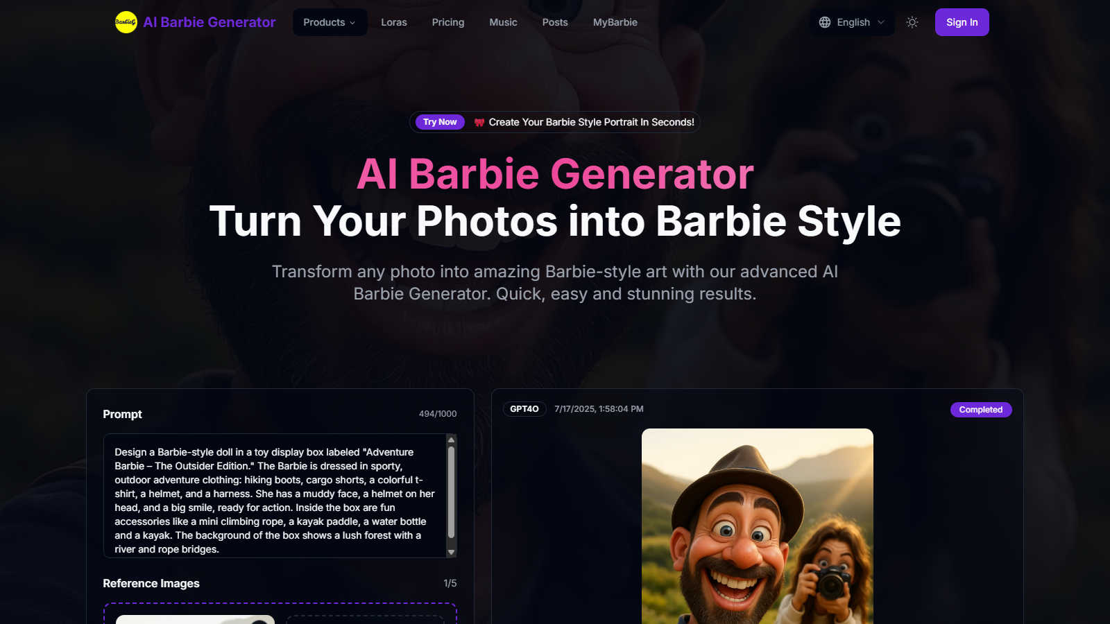 AI Barbie Generator application interface and features