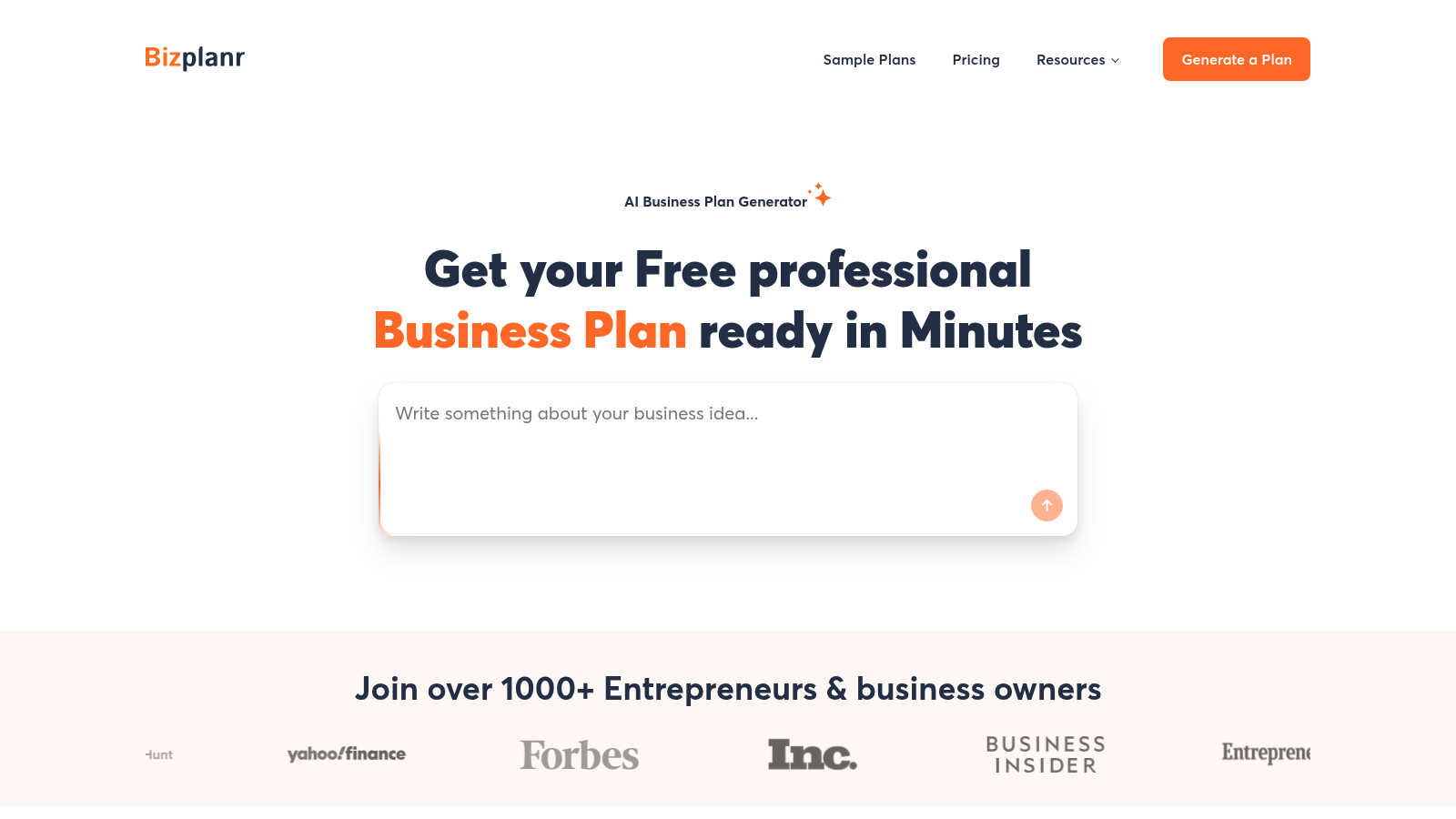 AI business plan generator by Bizplanr application interface and features