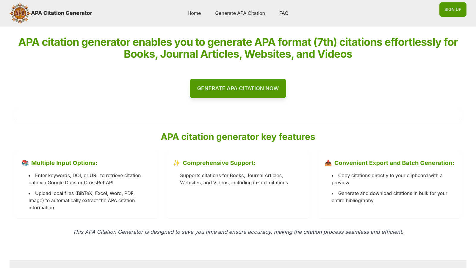 APA citation generator application interface and features
