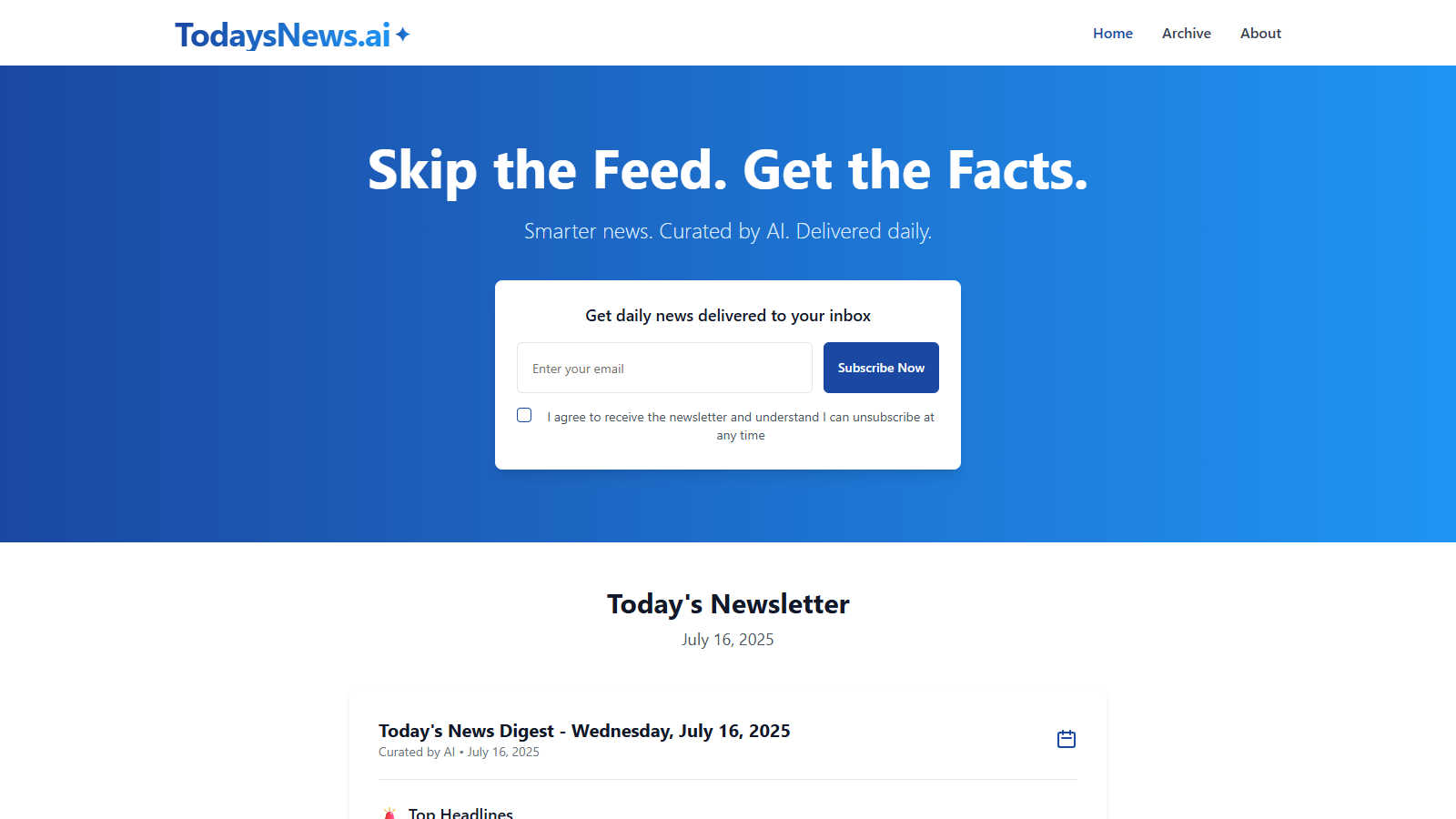 TodaysNews.ai application interface and features