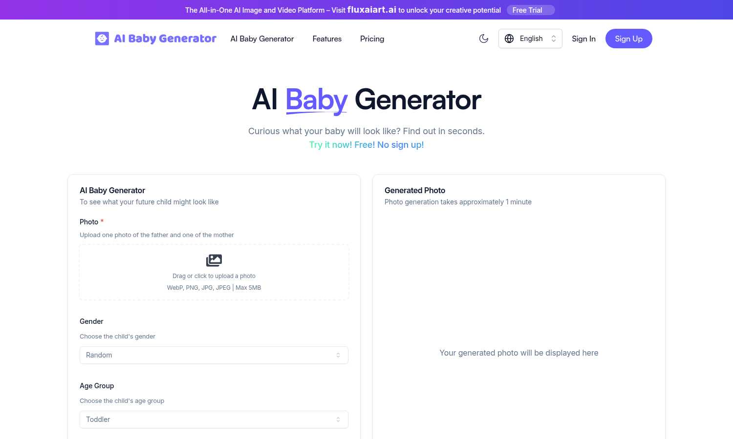 AI Baby Generator application interface and features