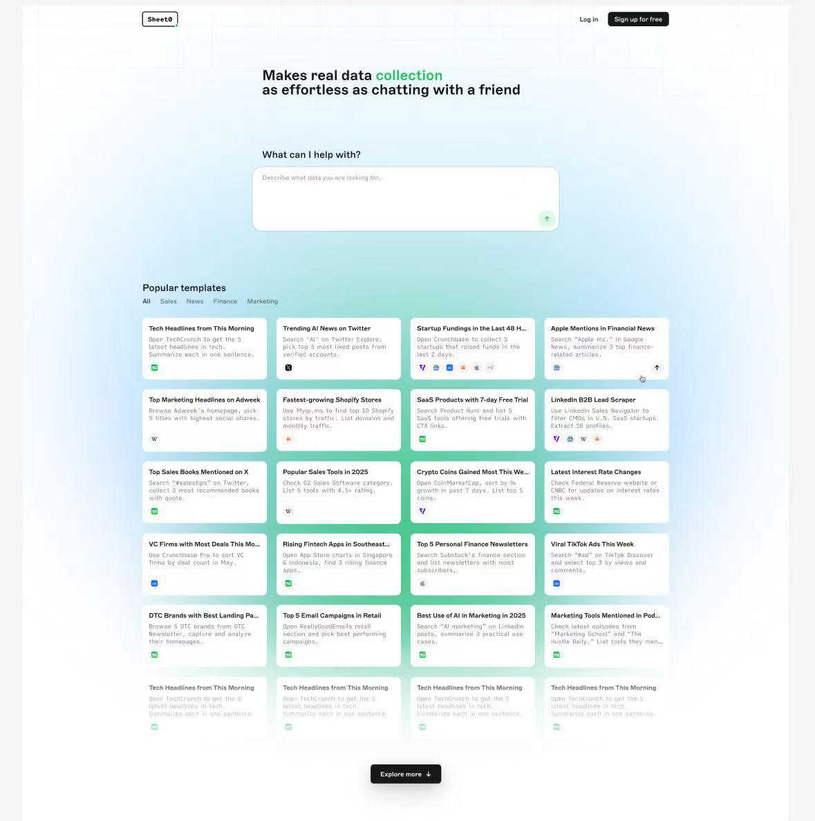 Sheet0.com application interface and features