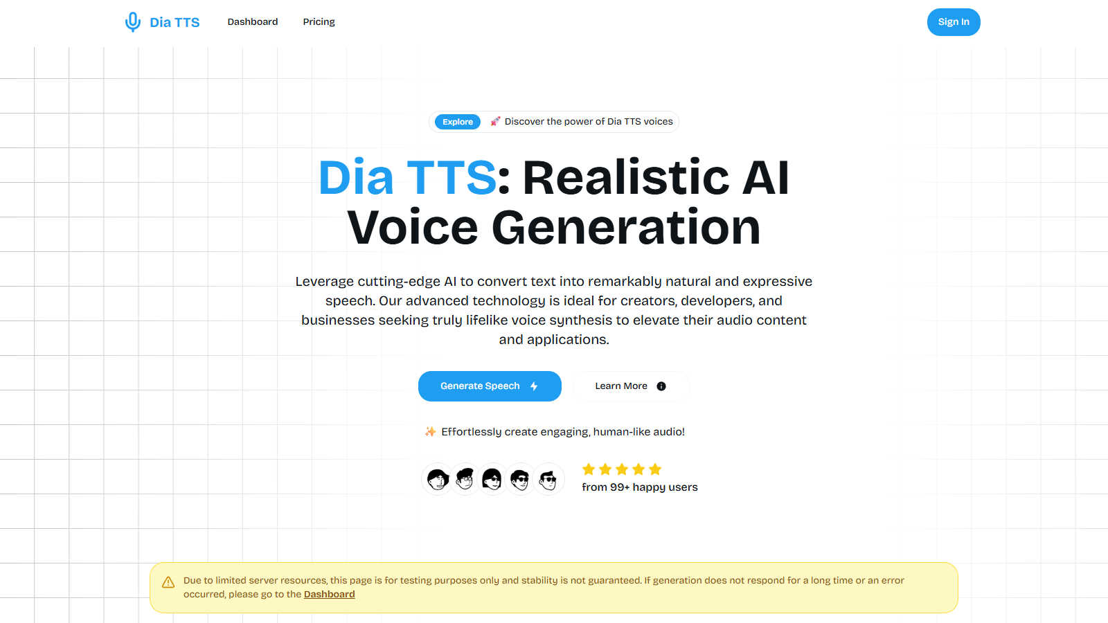 Dia TTS application interface and features