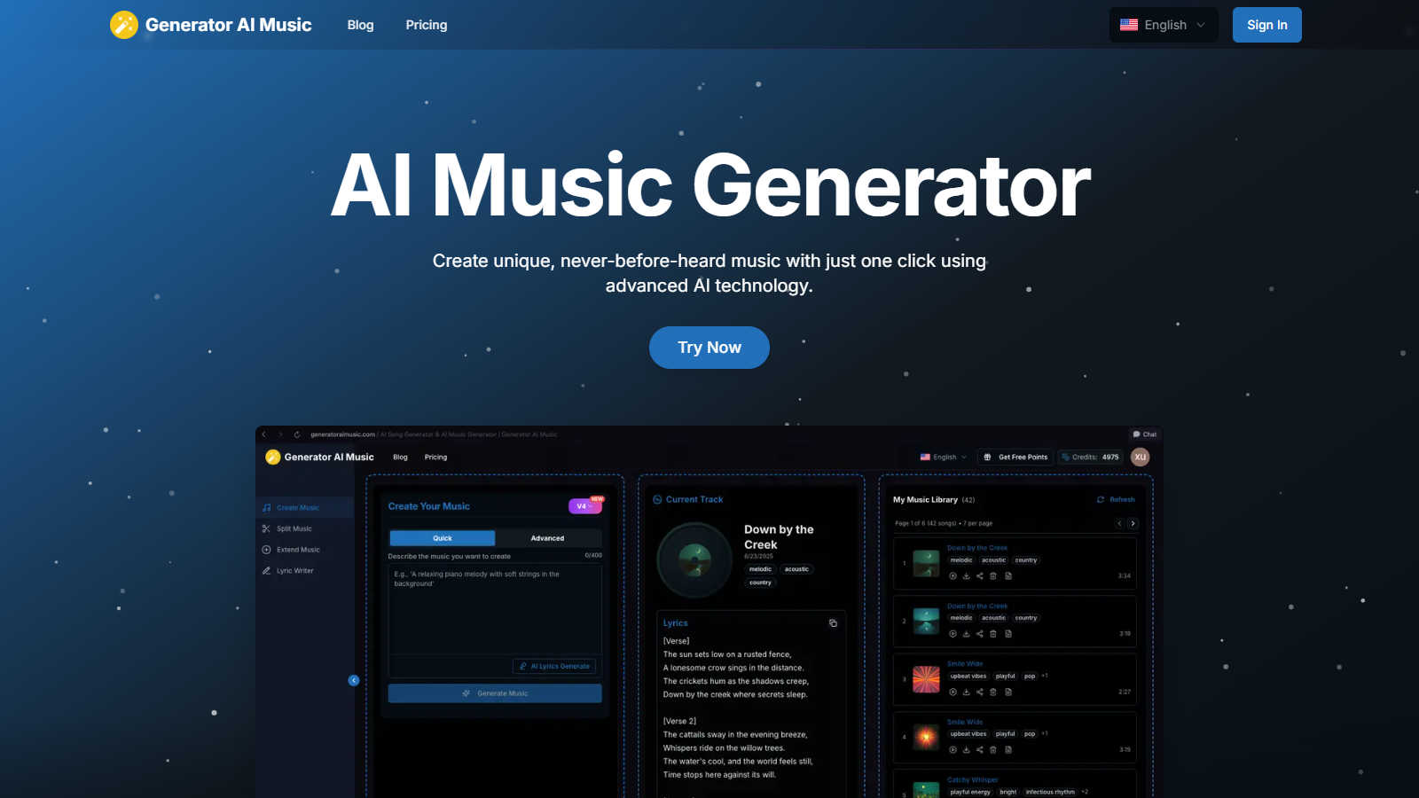 Generator AI Music application interface and features