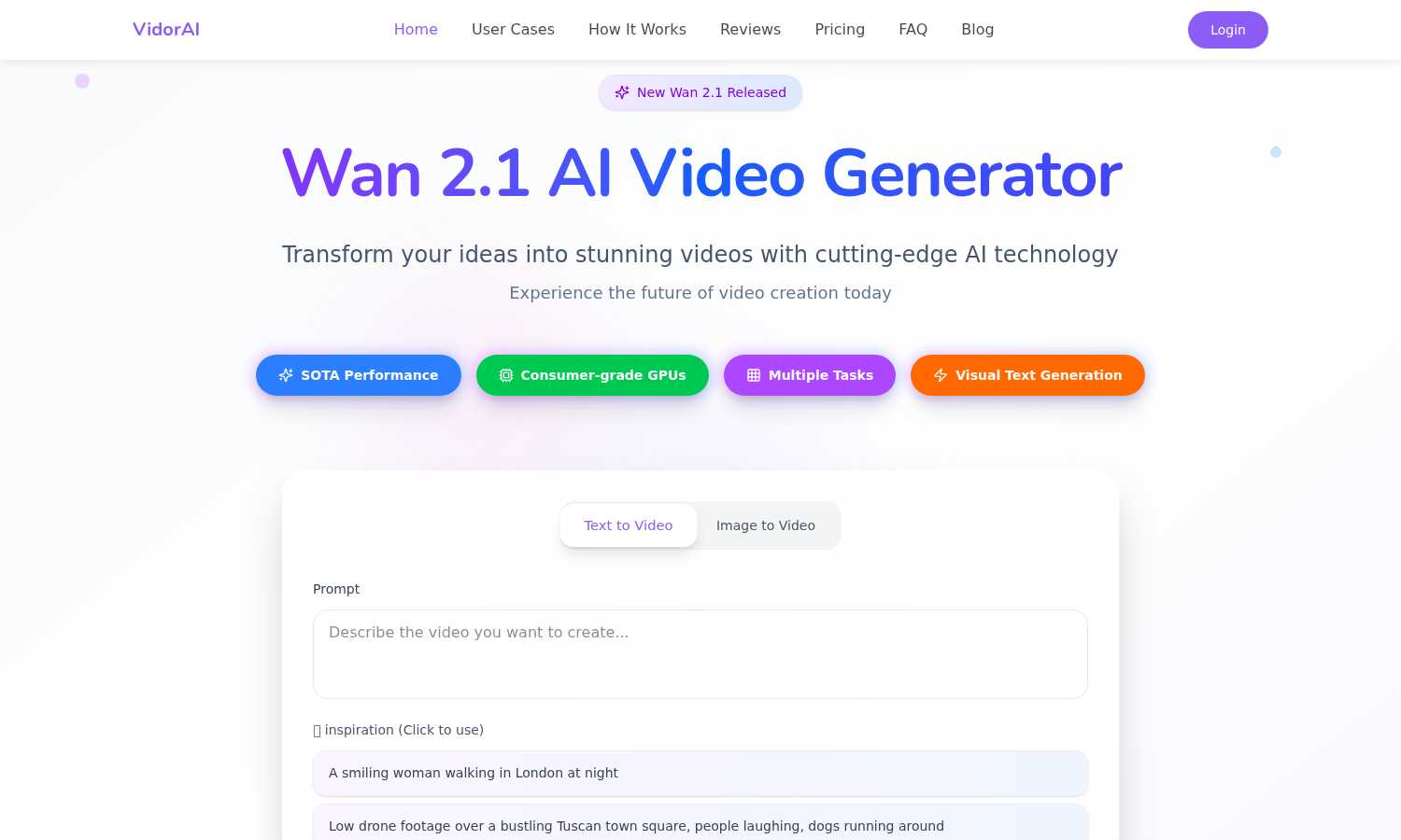 Wan 2.1 AI Video Generator application interface and features