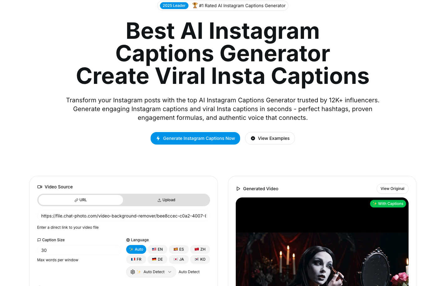 Instacaptions application interface and features