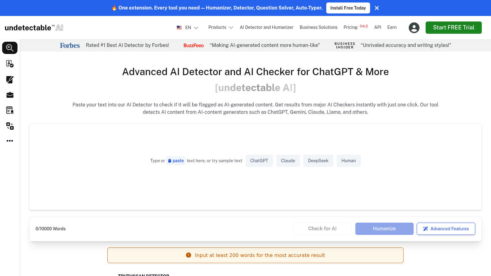 Undetectable AI application interface and features