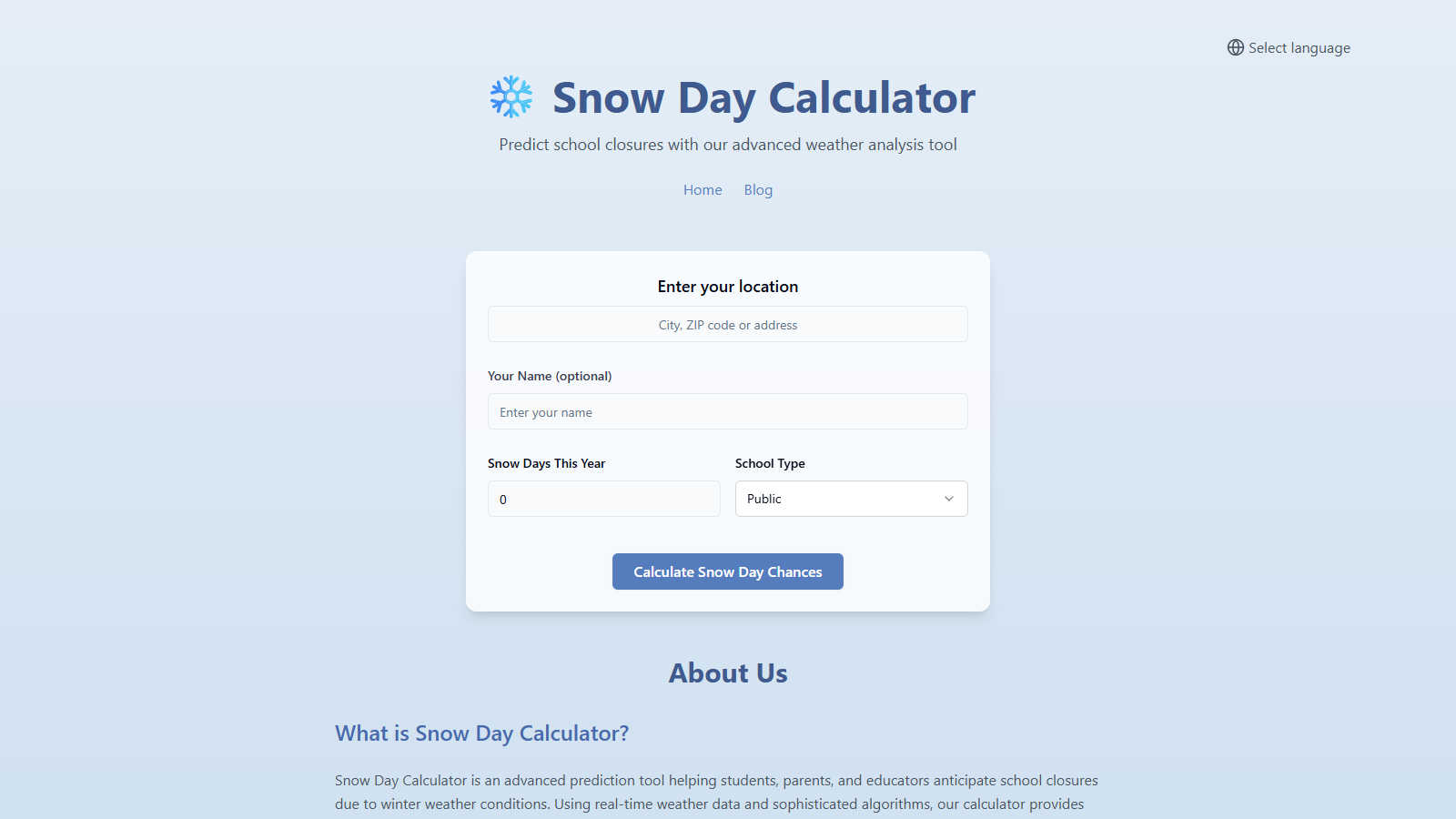 Snow Day Calculator application interface and features