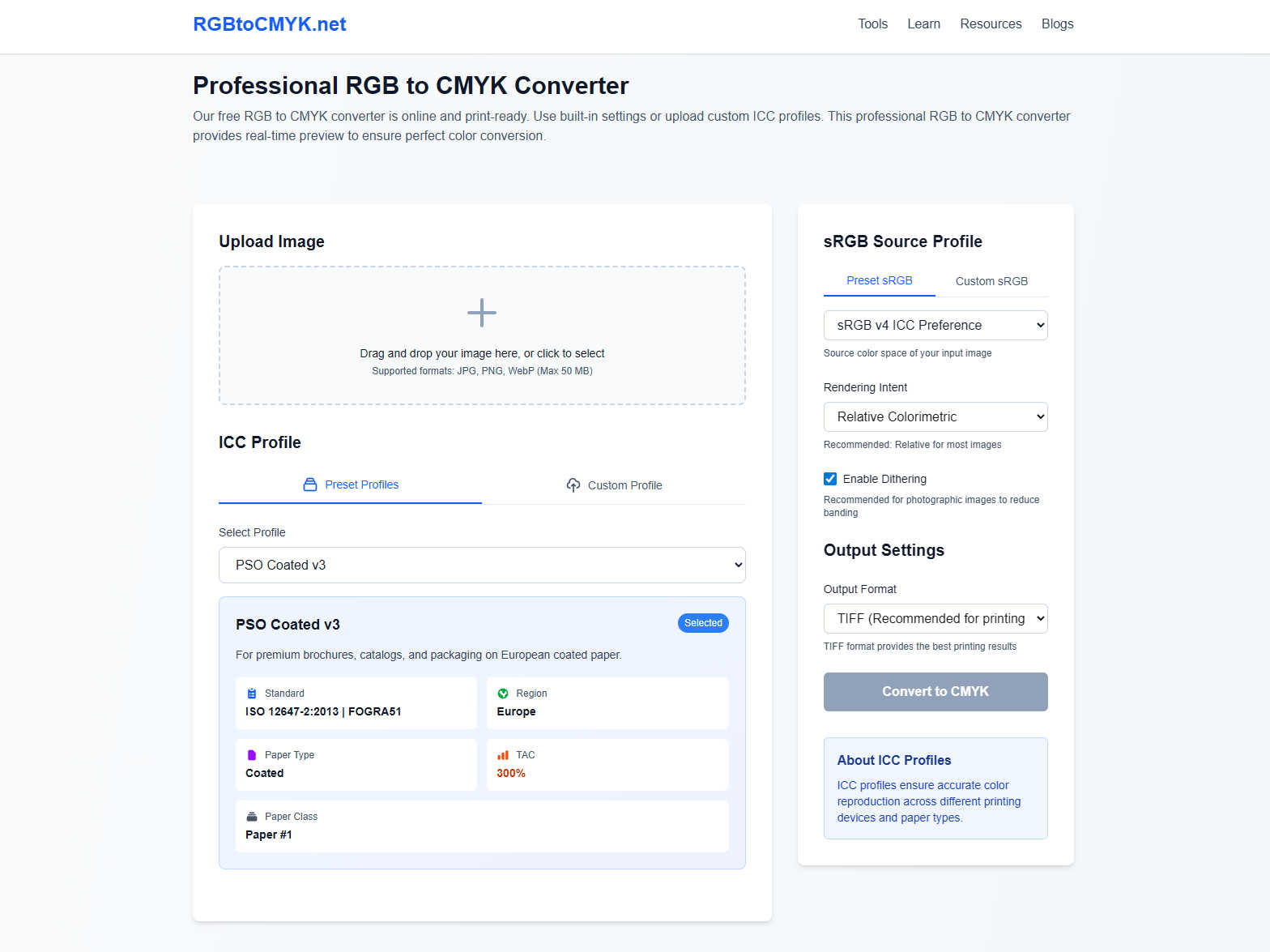 RGB to CMYK application interface and features