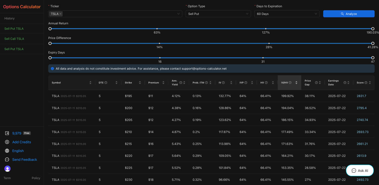 Options Calculator application interface and features