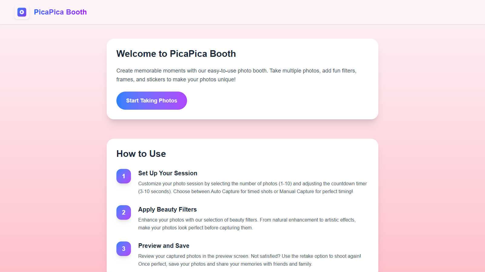 PicaPica Booth application interface and features