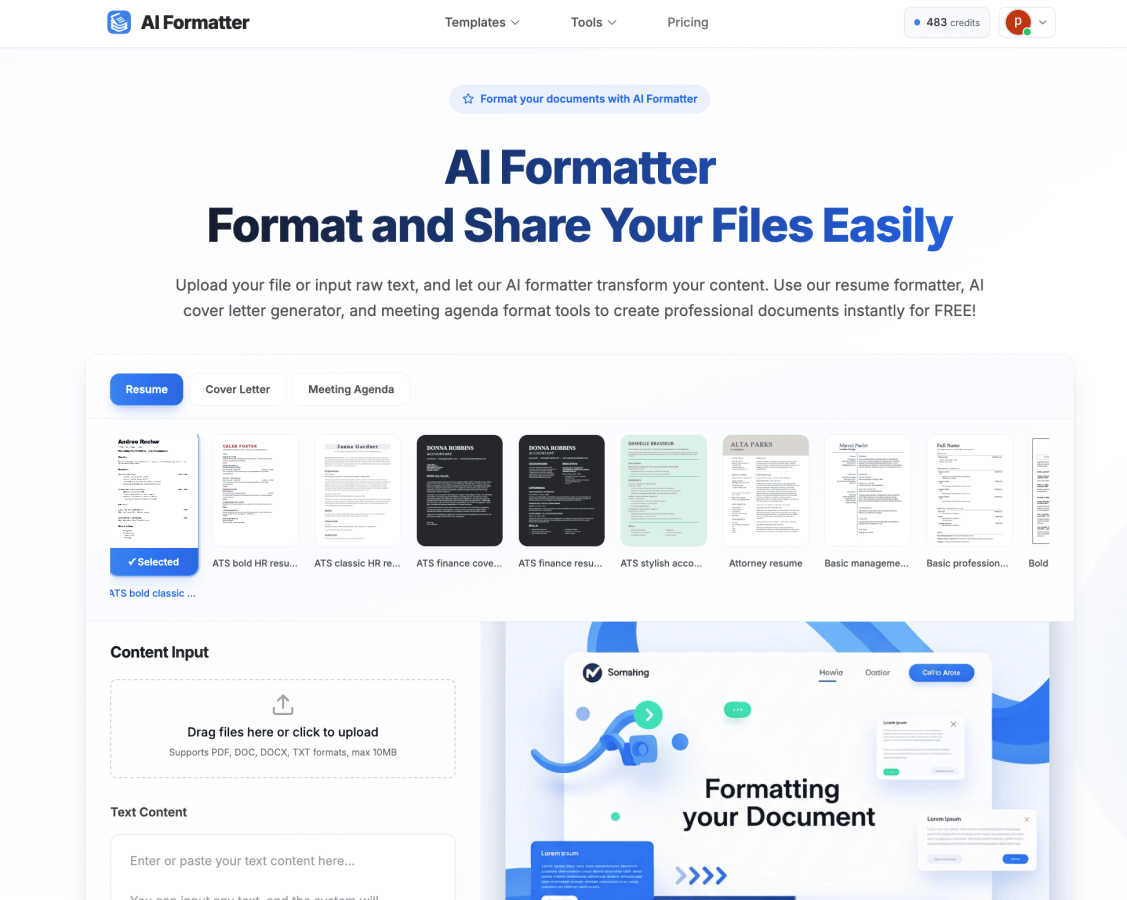 AI Formatter application interface and features