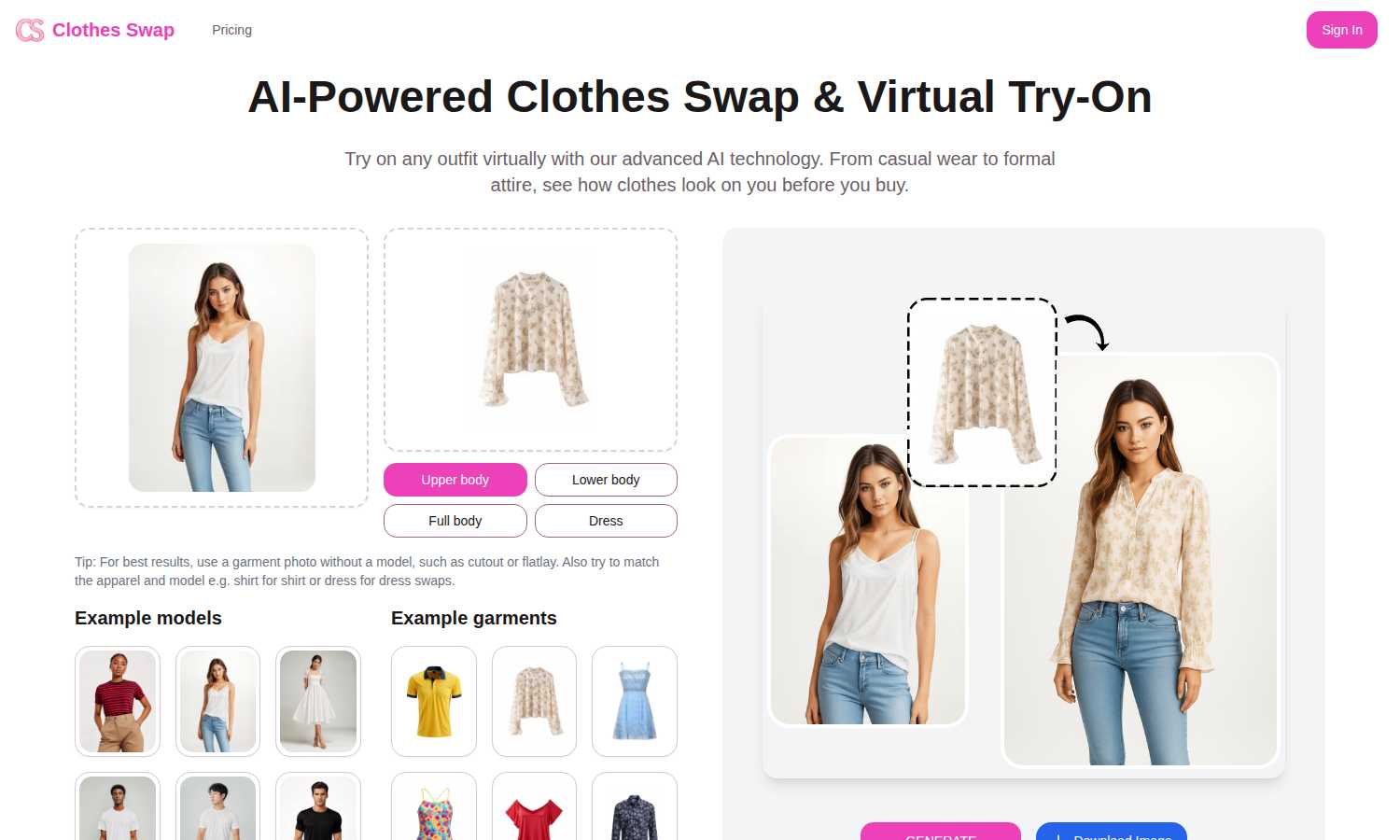 Clothes Swap & Virtual Try-On application interface and features