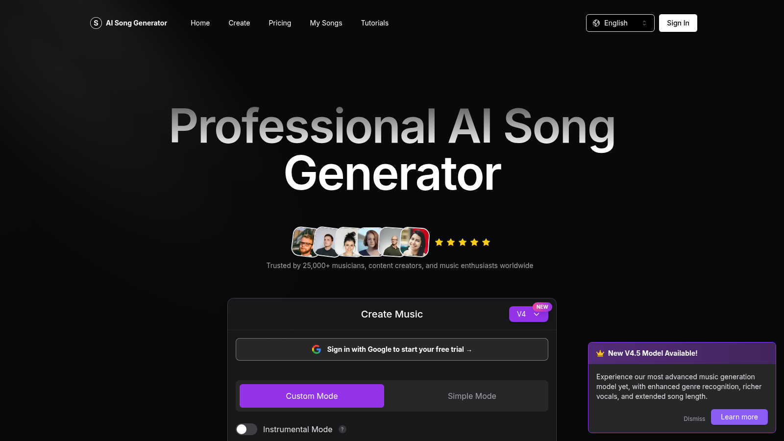 Free AI Song Generator application interface and features