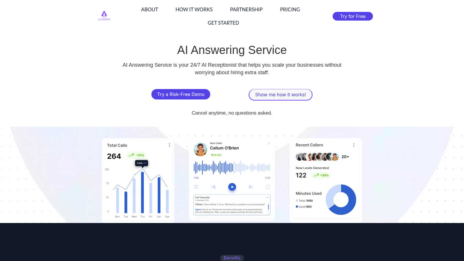 AI Answering Service application interface and features