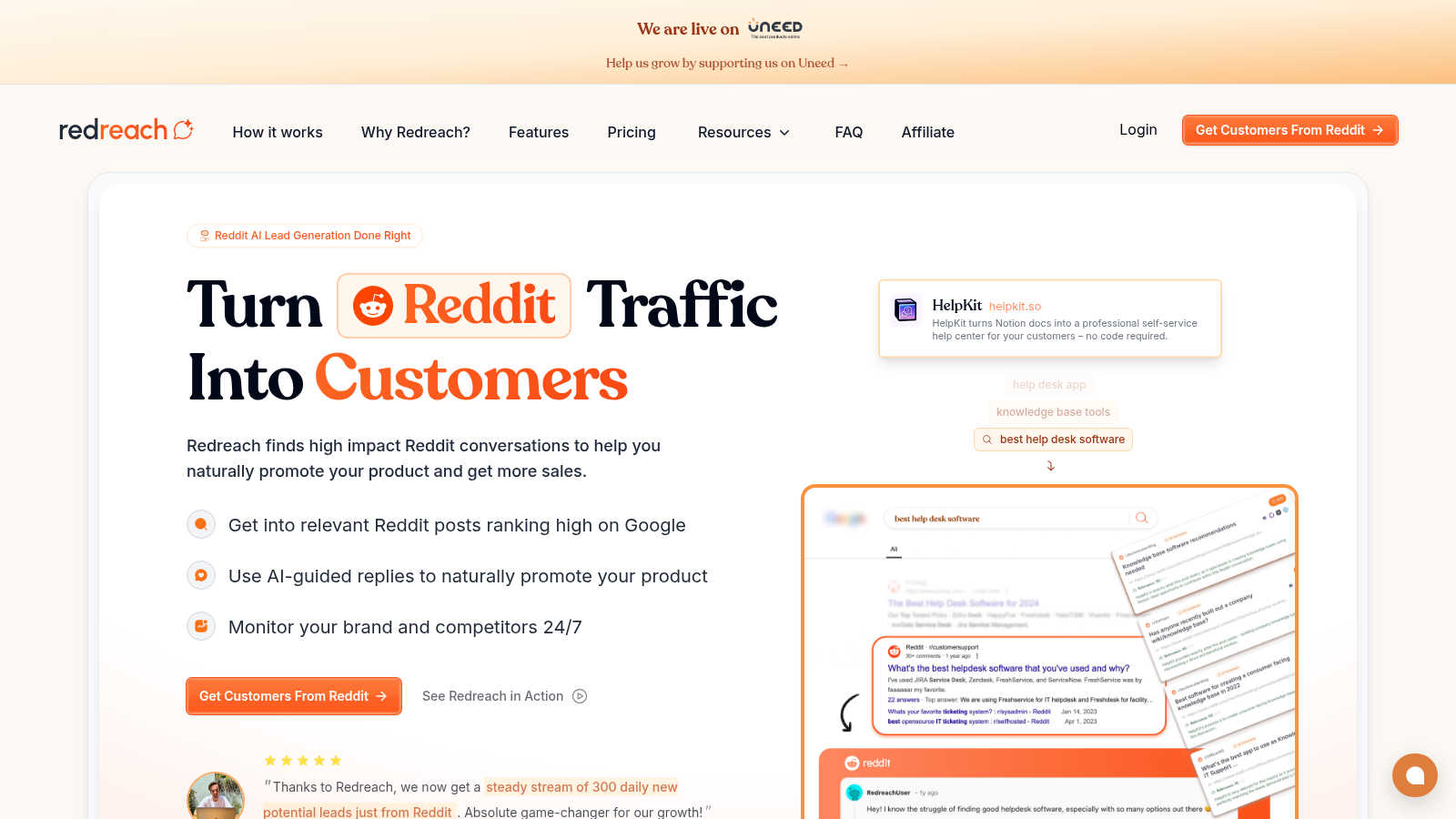 Redreach application interface and features