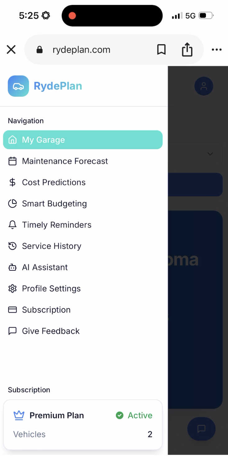 RydePlan application interface and features