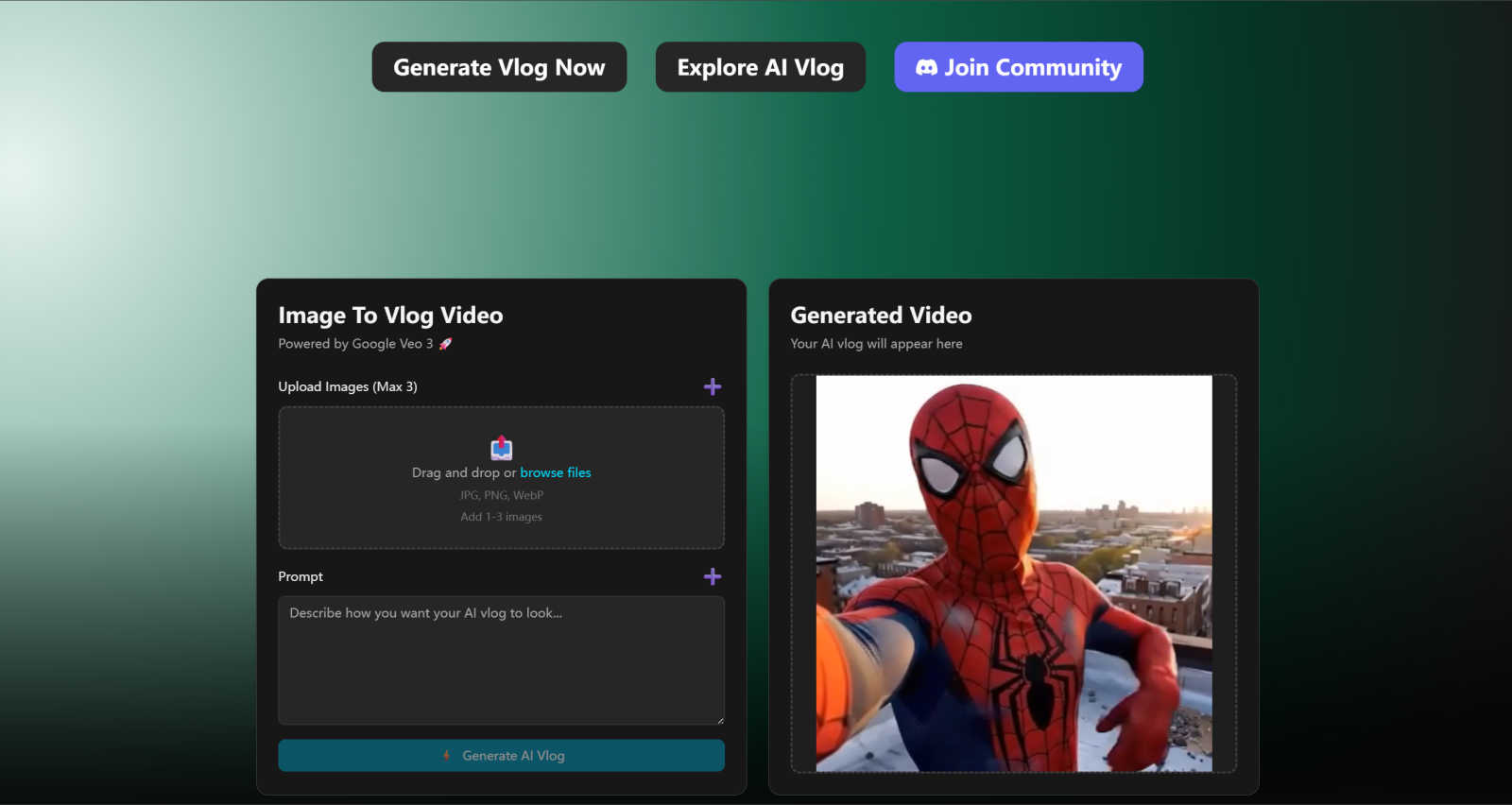 AI vlog video Maker application interface and features