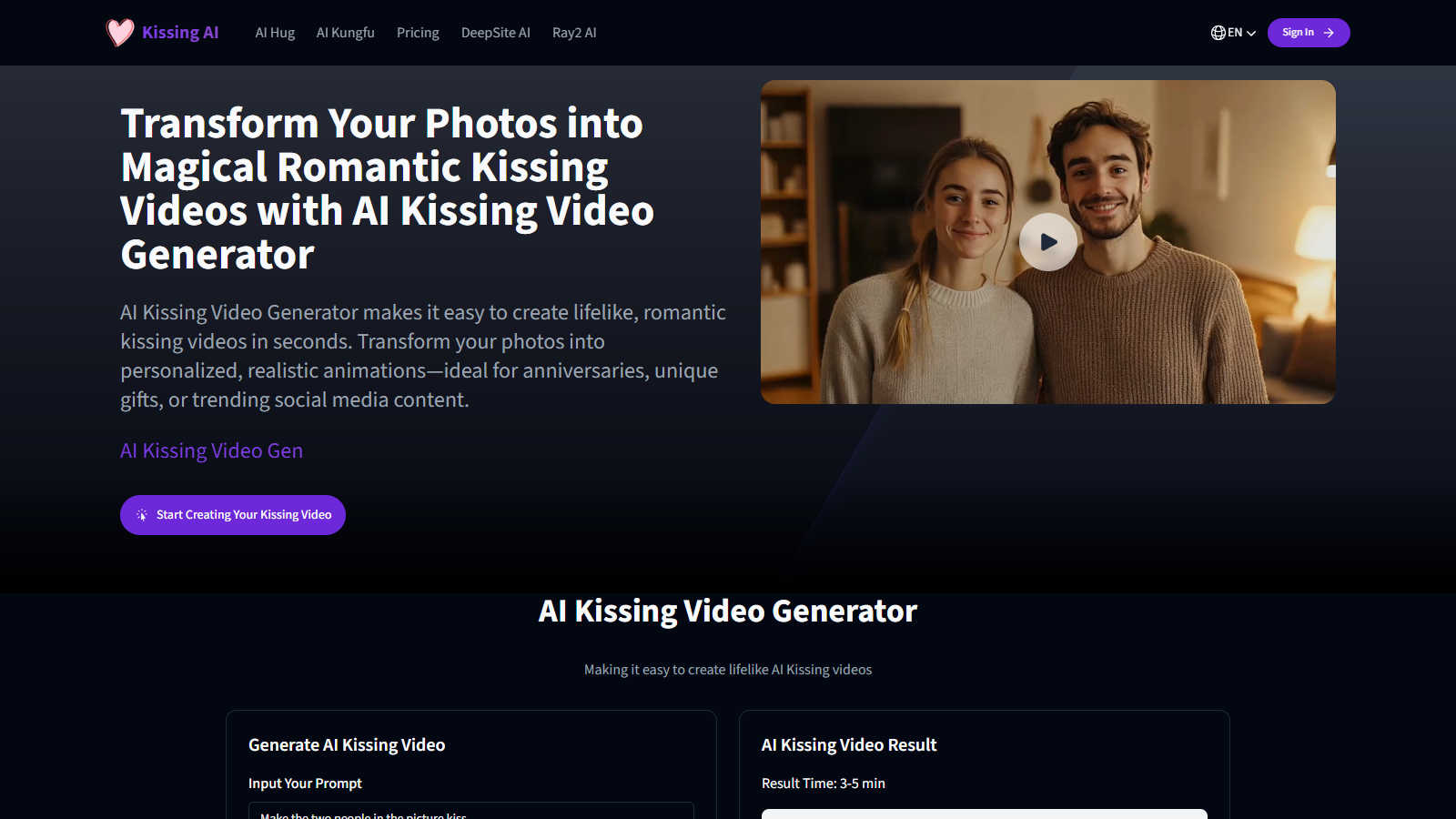 Kissing AI application interface and features