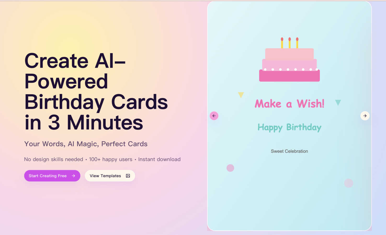 Birthday Cards application interface and features
