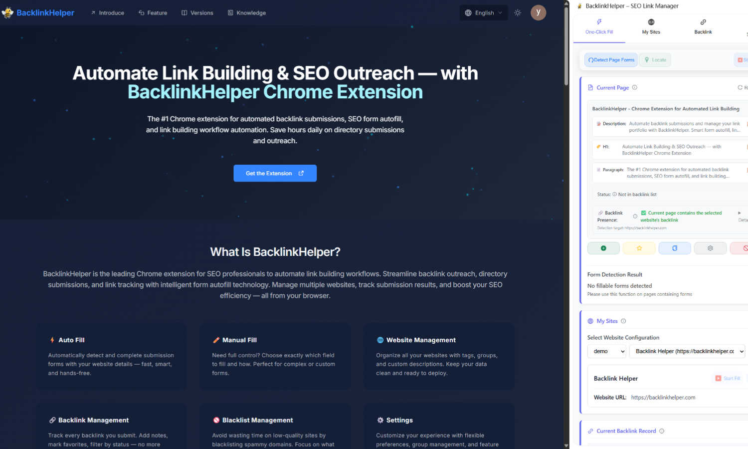 Backlink Helper application interface and features