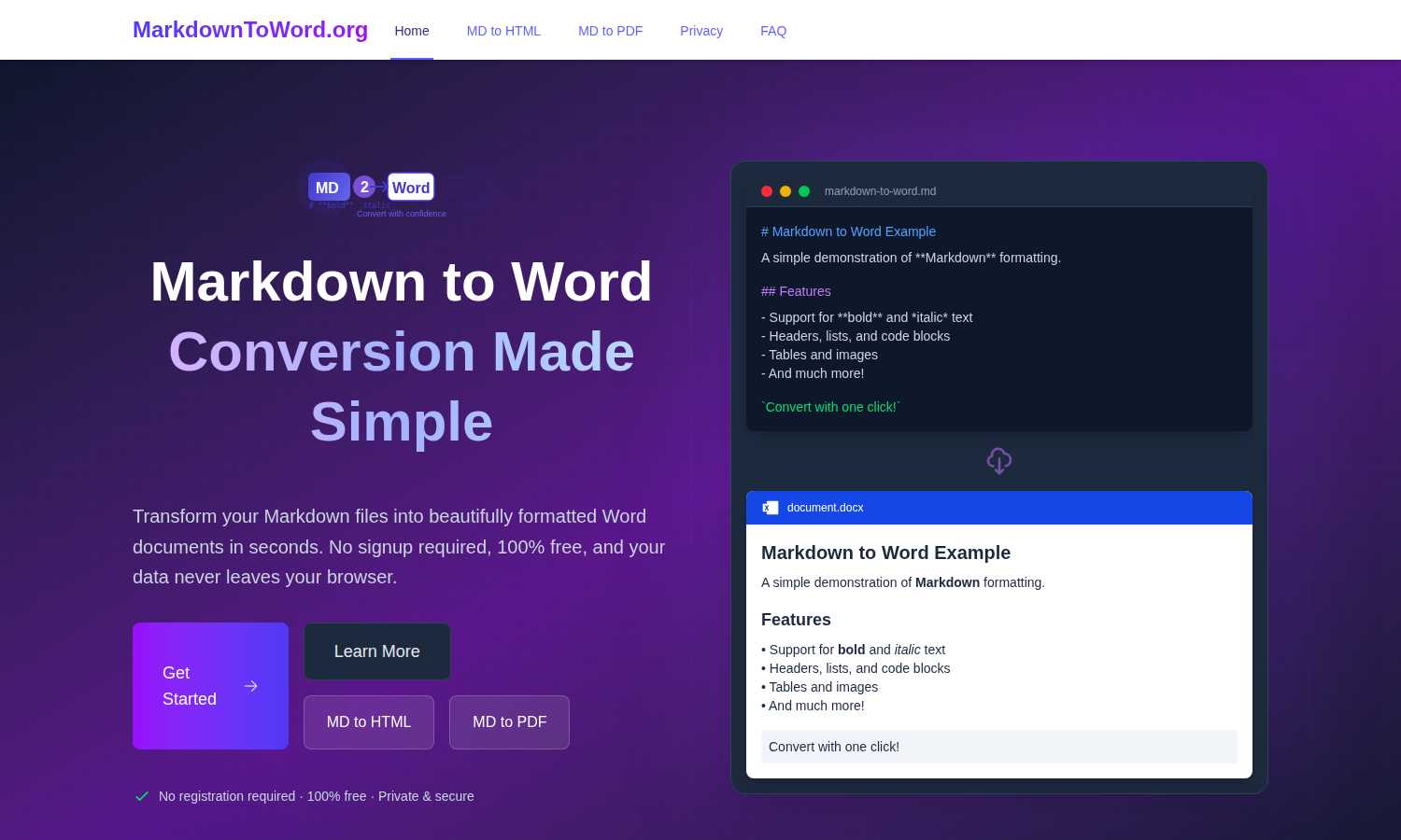 MarkdownToWord.org application interface and features