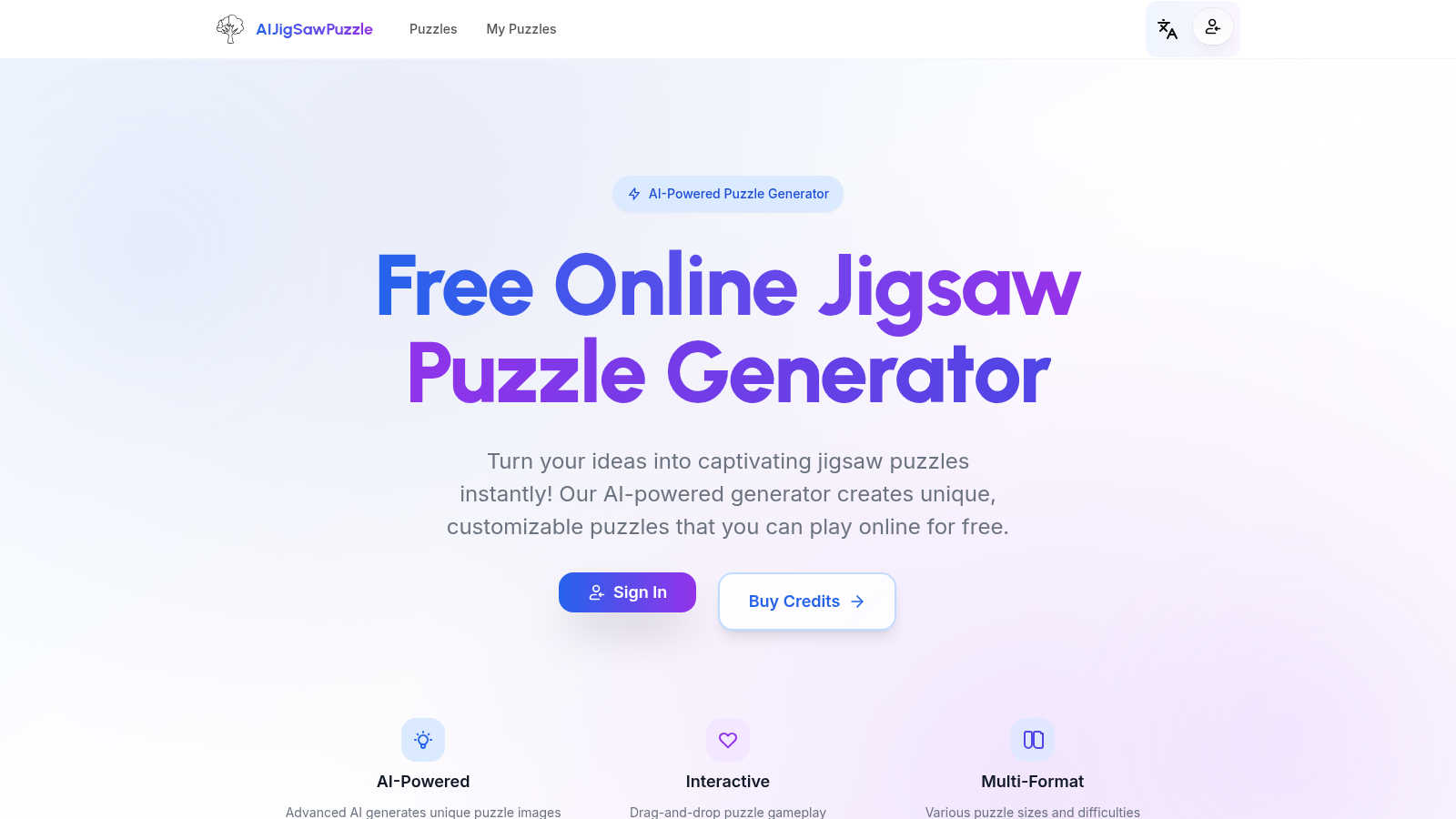 AI Jigsaw Puzzle Generator application interface and features