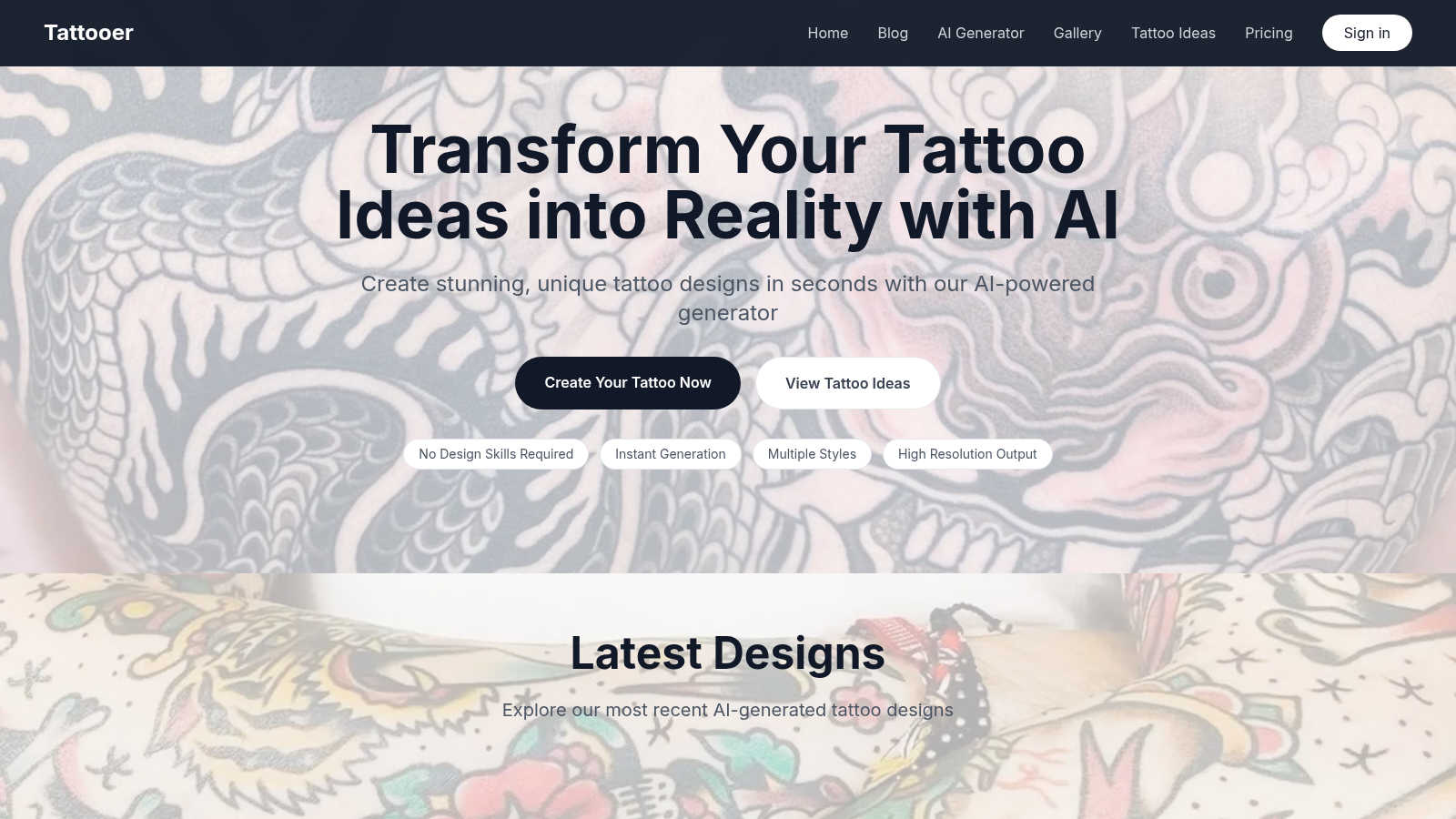 Tattooer application interface and features