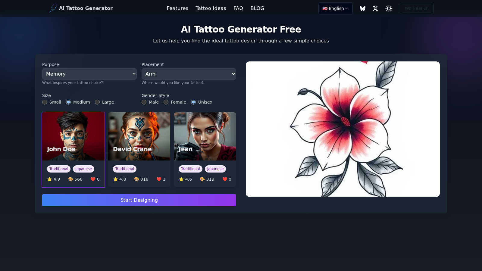 AI Tattoo Generator application interface and features