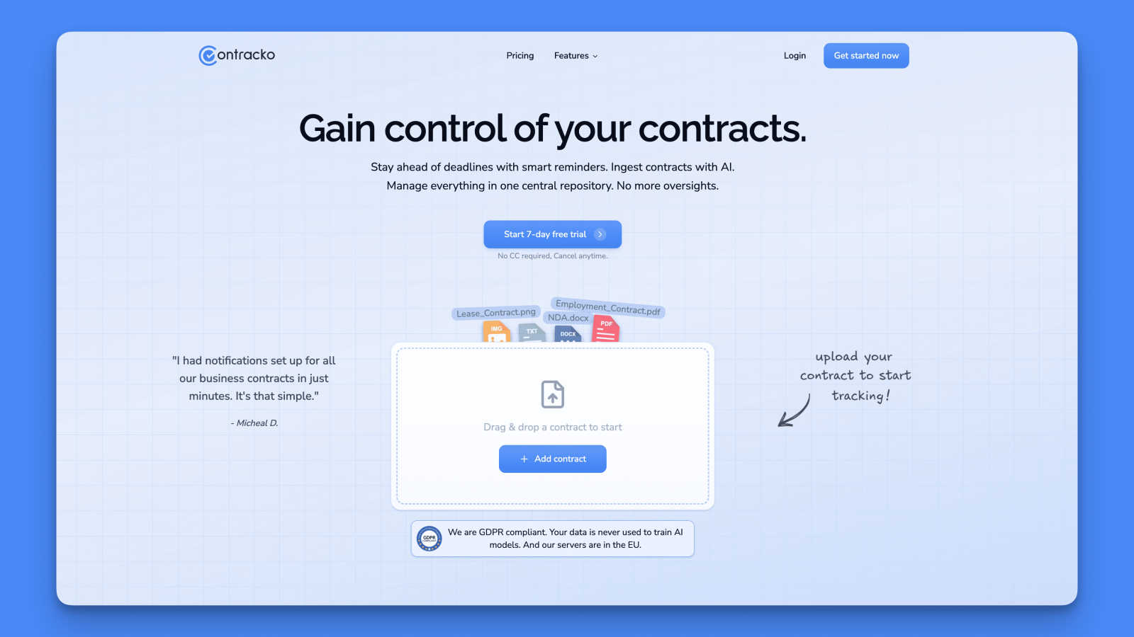 Contracko application interface and features