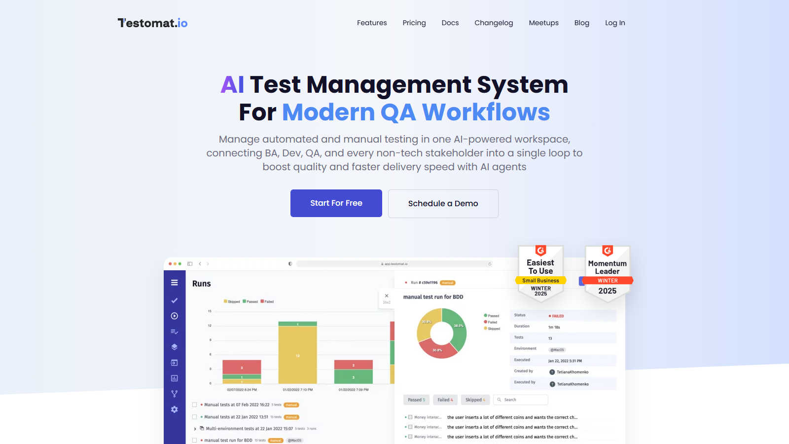 Testomat application interface and features