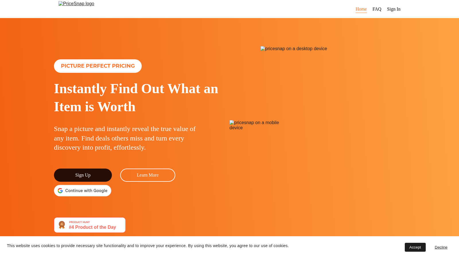 PriceSnap application interface and features