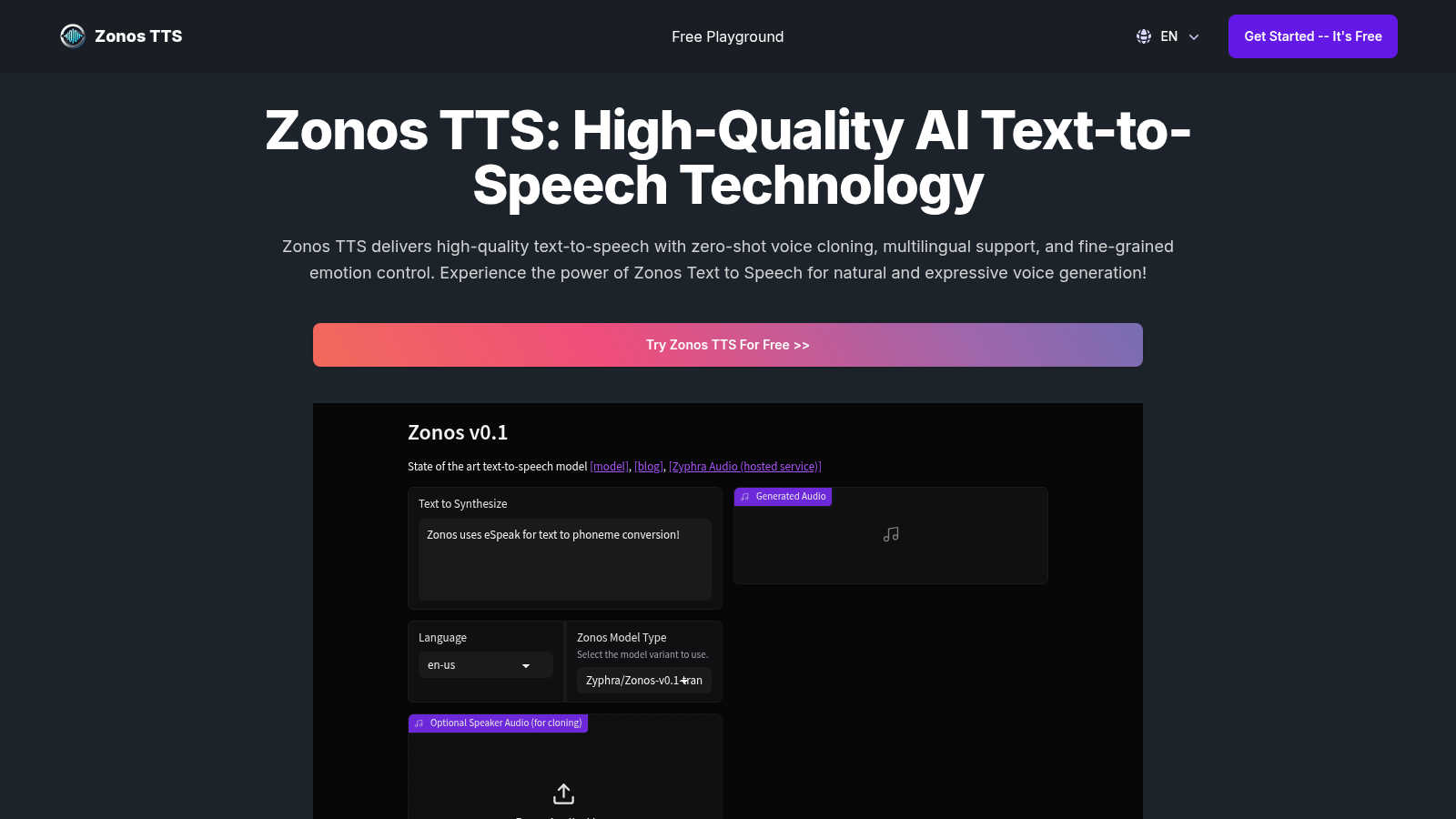 Zonos TTS application interface and features