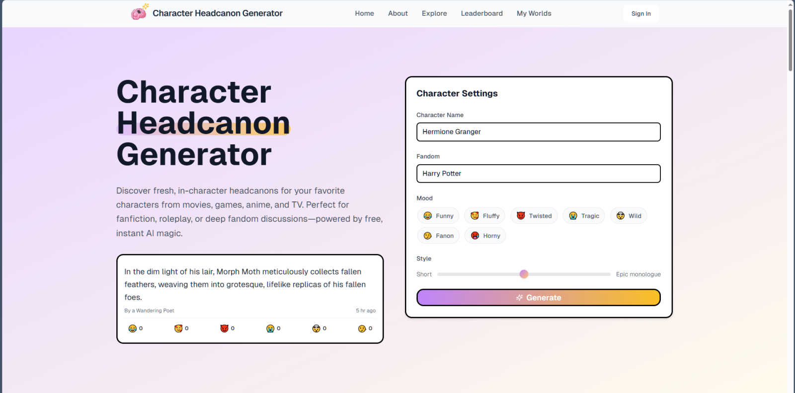 AI Character Headcanon Generator - aiheadcanon.com application interface and features