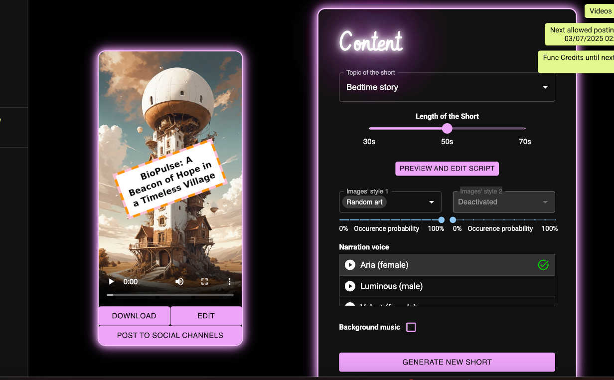 MagicShorts.ai application interface and features