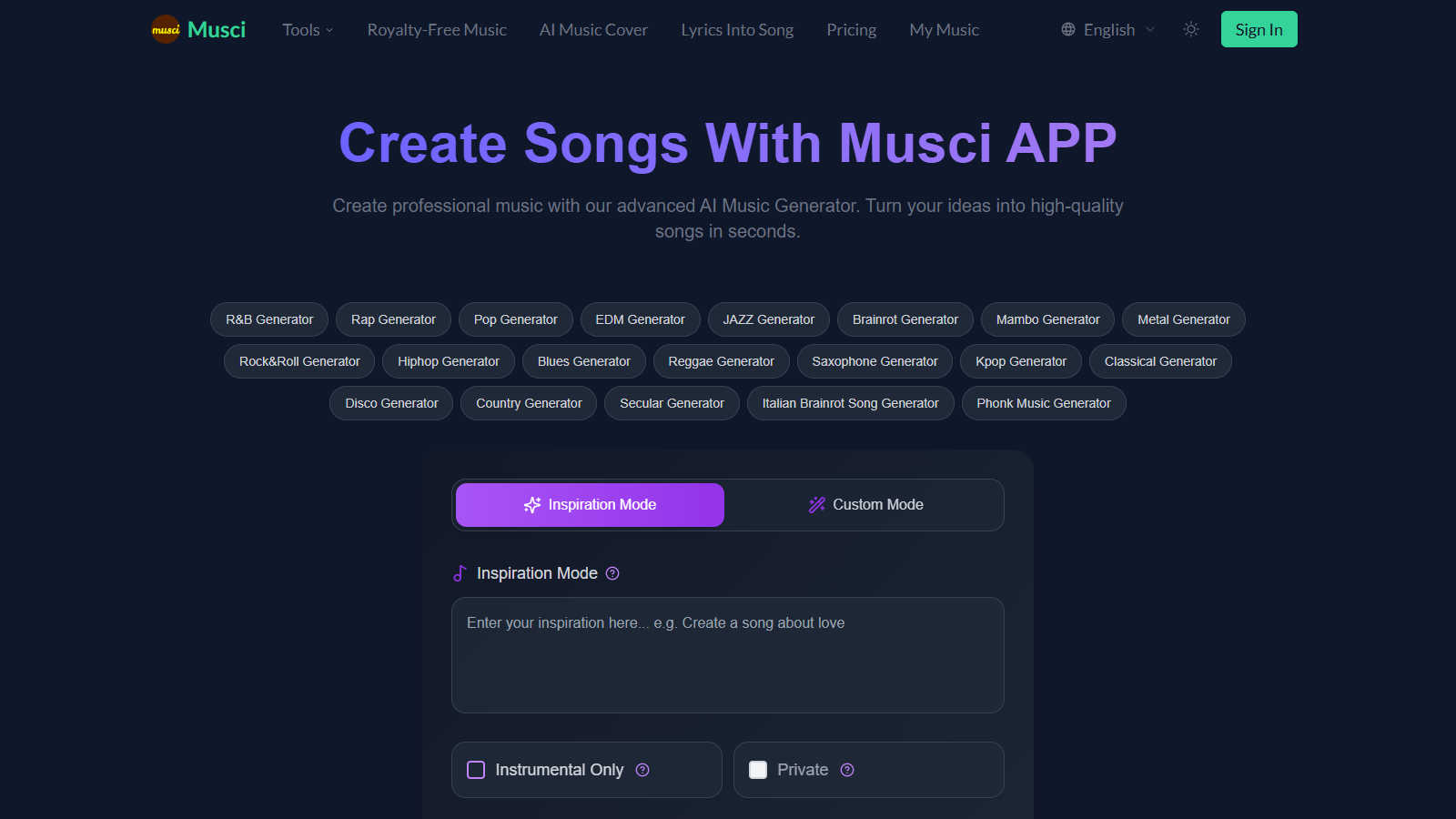 Musci application interface and features