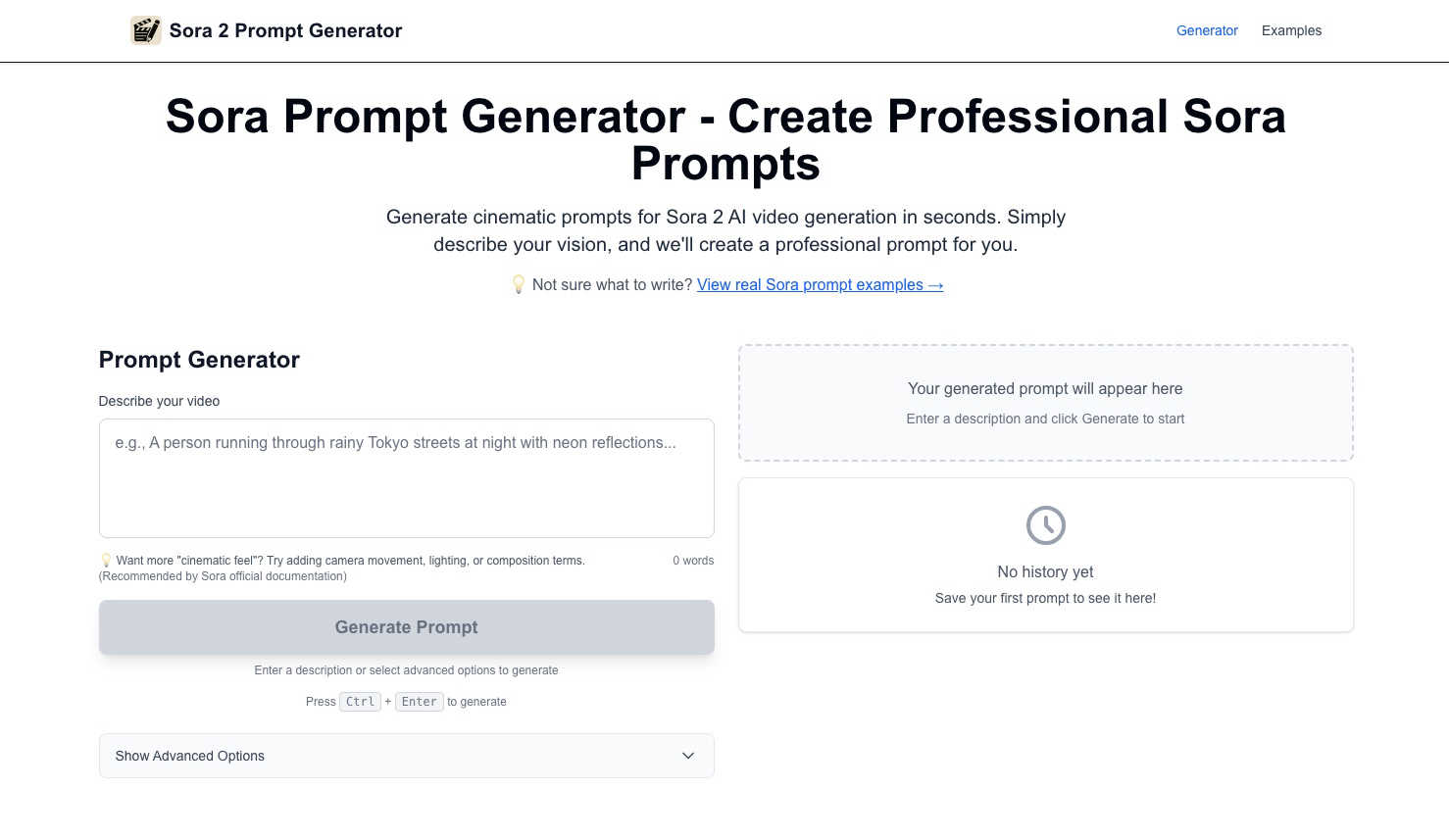 Sora 2 Prompt Generator application interface and features