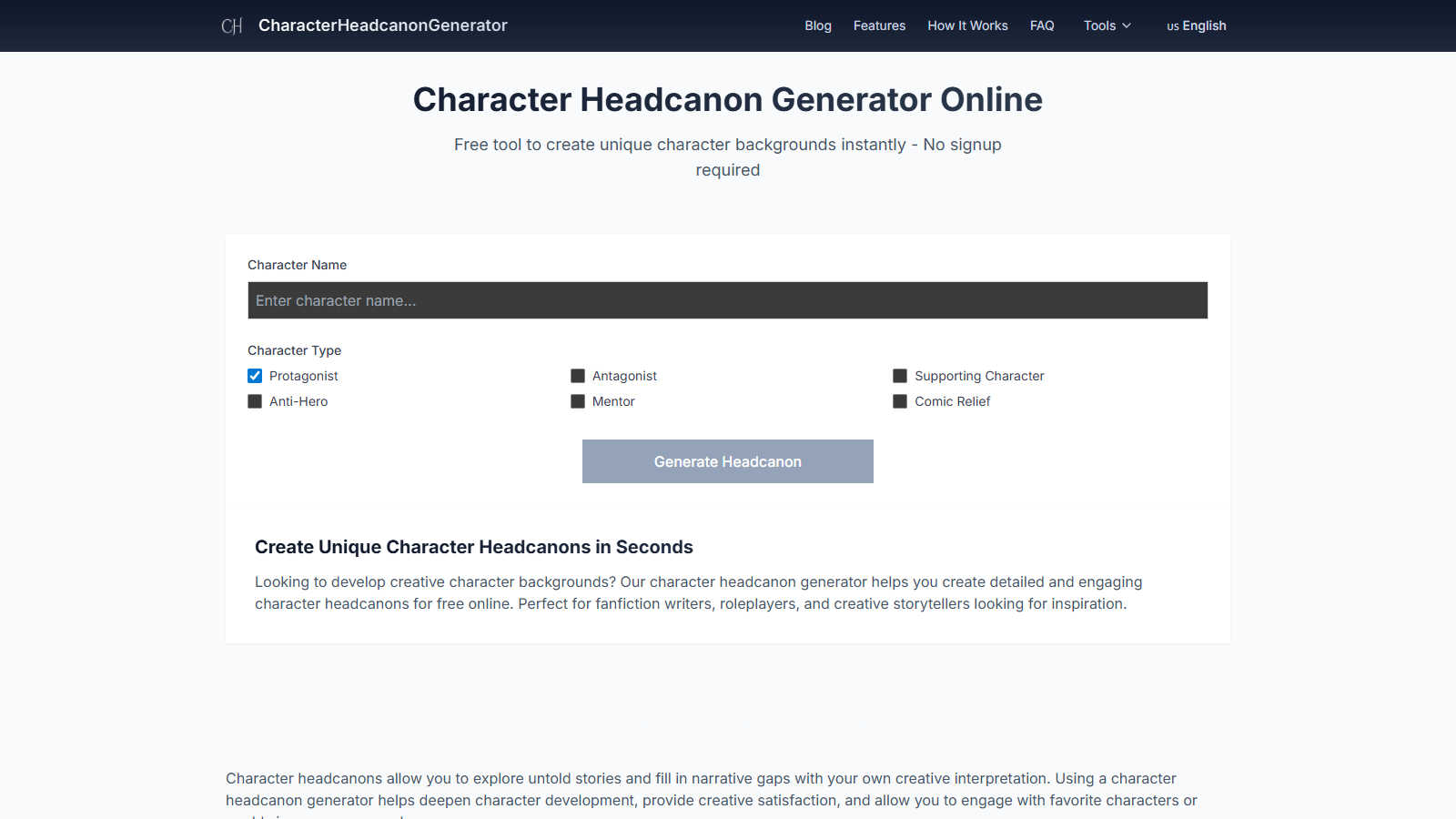 Character Headcanon Generator application interface and features