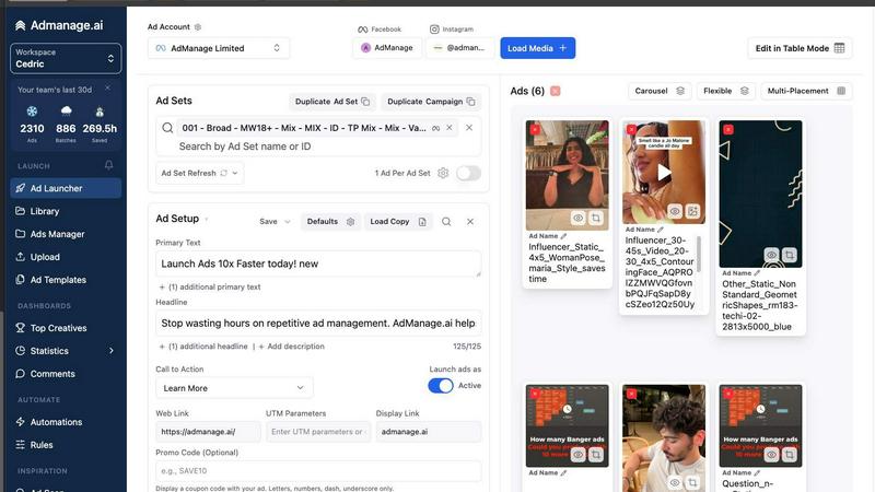 Admanage AI application interface and features