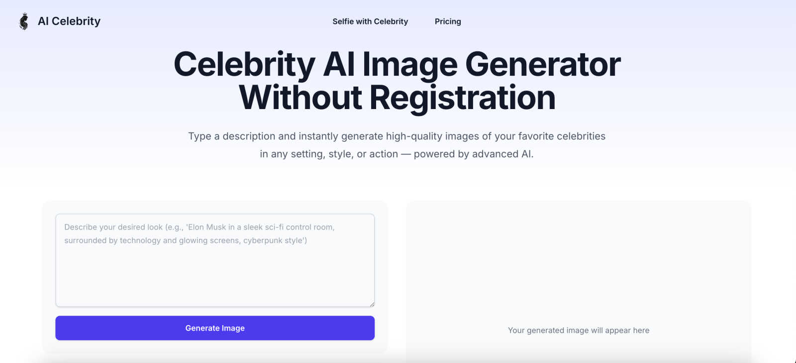 Celebrity AI Image Generator application interface and features